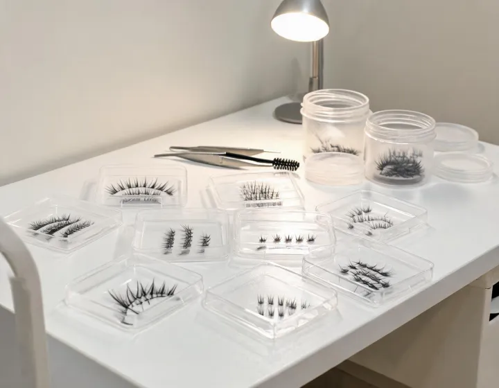 Lash Clusters Sourcing on a cosmetics bench, illustration only