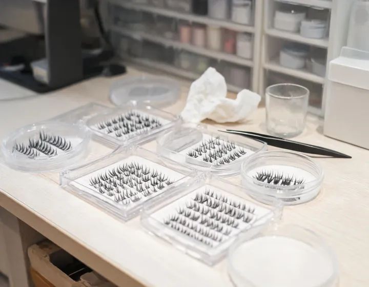 wholesale lash clusters on a cosmetics bench, illustration only