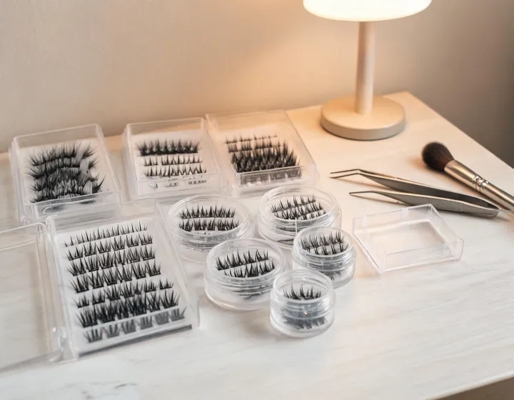 bulk lash clusters on a cosmetics bench, illustration only