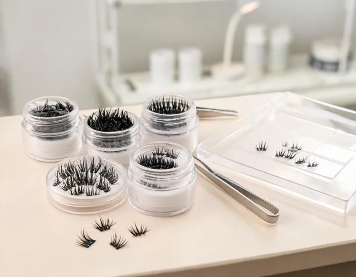 bulk lash clusters on a cosmetics bench, illustration only